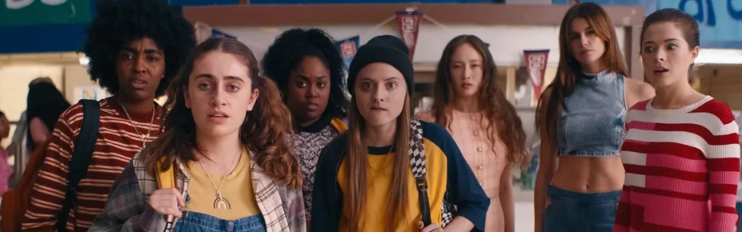 Screenshot from the 2022 Bottoms movie showing the fight club girls and cheerleaders.
